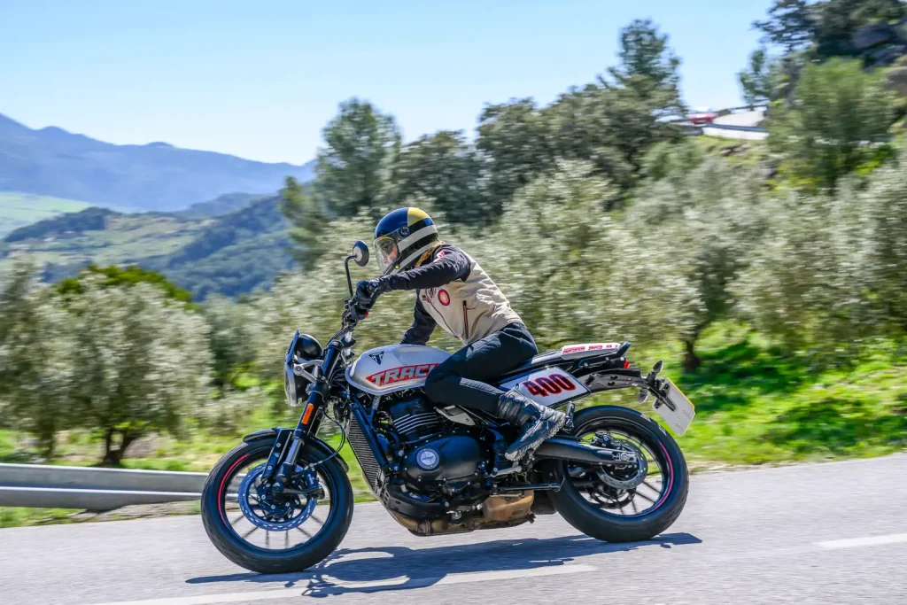 2027 Triumph Tracker 400 leaned over in a right hand turn during testing.