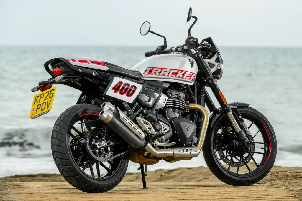 2027 Triumph Tracker 400 Review static photo of the back right 3/4 angle.