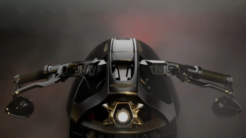 The front of the Aston Martin AMB 002 Roadster motorcycle.