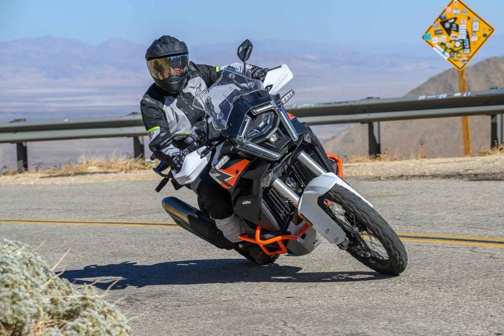 2026 KTM 1390 Super Adventure R leaned over in a right corner.
