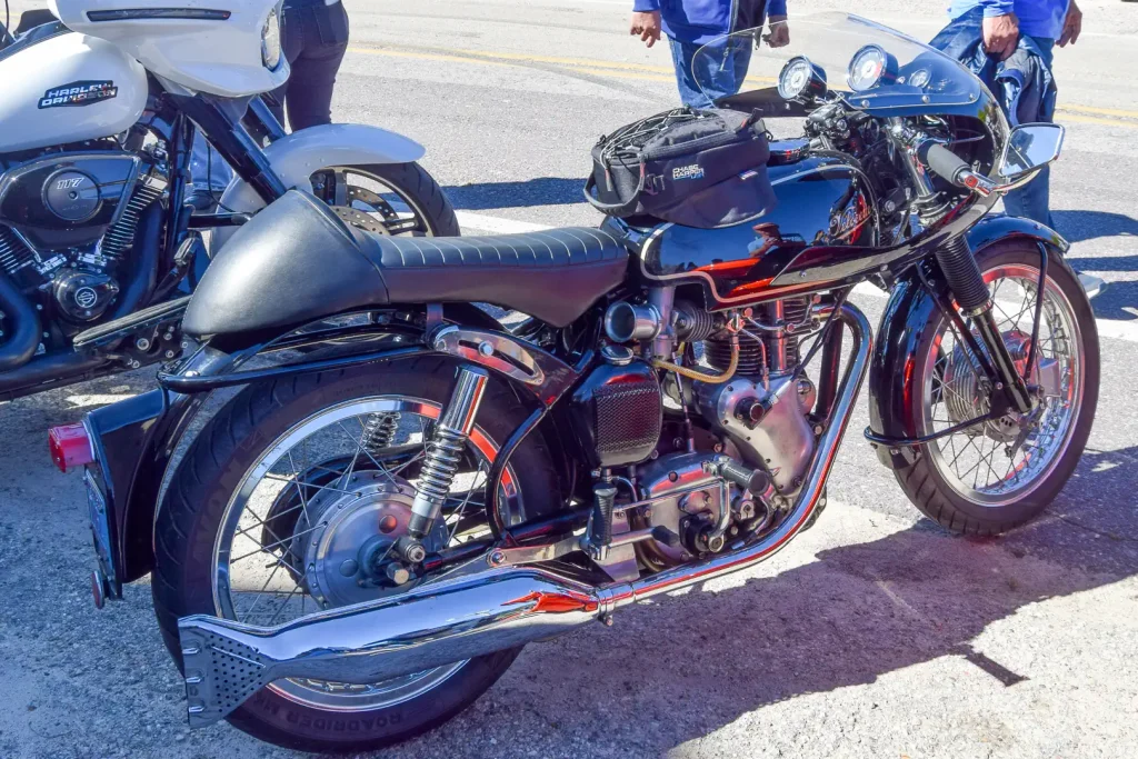 The right side of a Velocette Venom at the Fall 2026 Slimey Crud Cafe Racer Run.