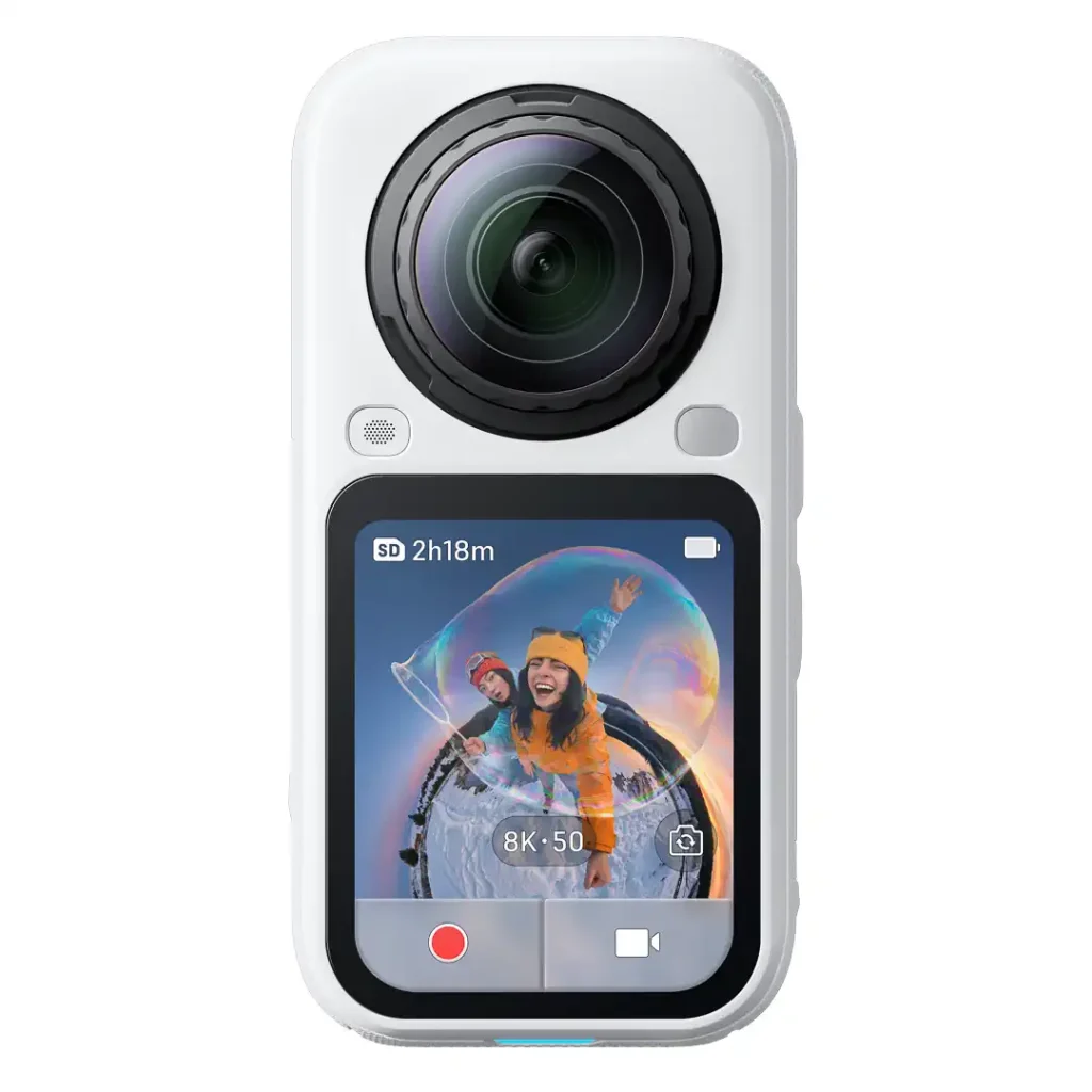 stock photo of the Insta360 X6 showing one lens and the screen