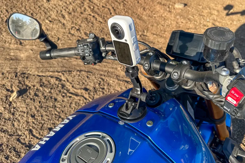 Insta360 X6 Review taking place on a Yamaha XSR900 motorcycle