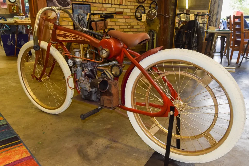 A Joe Hackl-built motorcycle with a faucet from a bathtub as the intake.