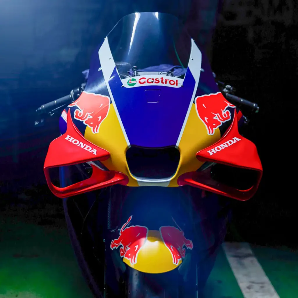 Close up of the front of the 2027 Honda MotoGP motorcycle as the Red Bull Honda MotoGP Partnership Returns for 2027