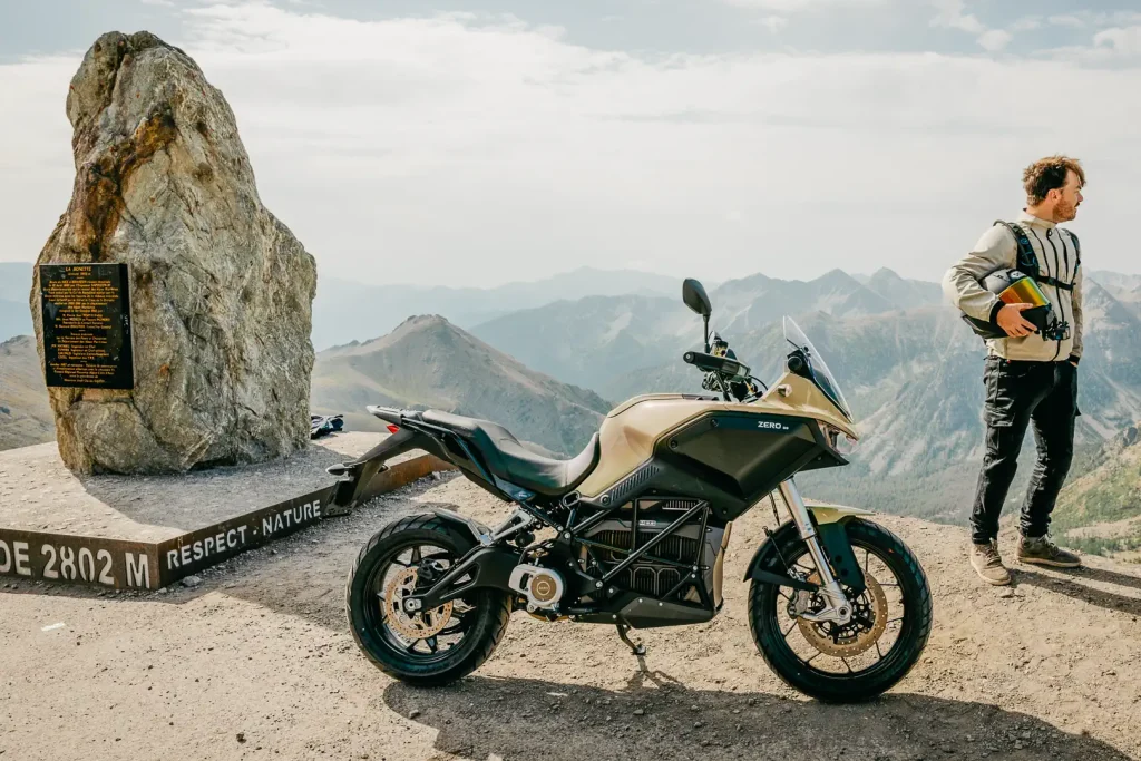 Zero motorcycle rider in the Alps preparing for a Guinness World Records run.